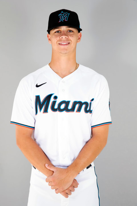 Mar 1, 2021; Jupiter, FL, USA; Miami Marlins Connor Scott #81 poses during media day at Roger Dean Chevrolet Stadium. Mandatory Credit: MLB photos via USA TODAY Sports