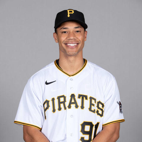 Mar 1, 2021; Sarasota, FL, USA; Pittsburgh Pirates Cal Mitchell (91) poses during media day at Ed Smith Stadium. Mandatory Credit: MLB Photos via USA Today Sports