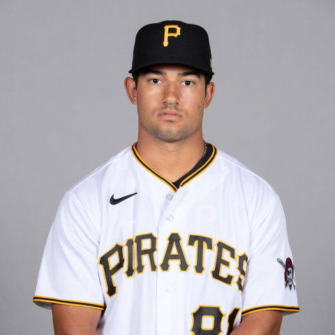 Mar 1, 2021; Sarasota, FL, USA; Pittsburgh Pirates Nick Gonzales (81) poses during media day at Ed Smith Stadium. Mandatory Credit: MLB Photos via USA Today Sports