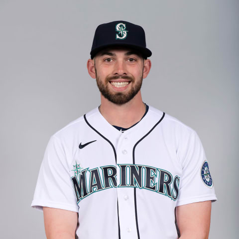 Mar 1, 2021; Peoria, AZ, USA; Seattle Mariners Carter Bins #63 poses during media day at the Peoria Sports Complex. Mandatory Credit: MLB photos via USA TODAY Sports