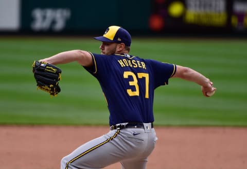 Apr 10, 2021; St. Louis, Missouri, USA; Milwaukee Brewers starting pitcher Adrian Houser (37) pitches against the St. Louis Cardinals during the fifth inning at Busch Stadium. Mandatory Credit: Jeff Curry-USA TODAY Sports