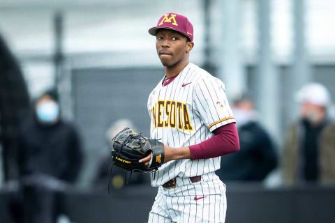 Minnesota’s J.P. Massey (40) looks to the dugout during a NCAA Big Ten Conference baseball game against Iowa, Sunday, April 11, 2021, at Duane Banks Field in Iowa City, Iowa.210411 Minn Iowa Bsb 021 Jpg