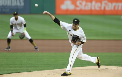 Apr 12, 2021; Pittsburgh, Pennsylvania, USA; Pittsburgh Pirates starting pitcher Trevor Cahill (35) delivers a pitch against the San Diego Padres during the first inning at PNC Park. Mandatory Credit: Charles LeClaire-USA TODAY Sports