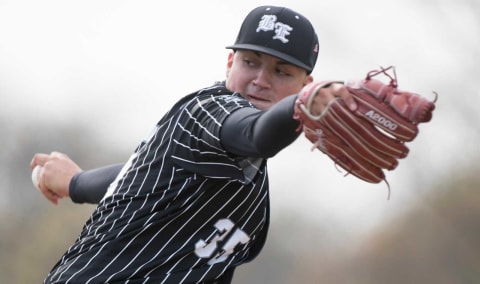 Bishop Eustace’s Anthony Solometo delivers a pitch during Bishop Eustace’s 2-0 victory over Ocean City in Somers Point on Friday, April 23, 2021.High School Baseball Bishop Eustace Vs Ocean City 3