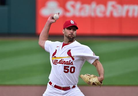 Apr 26, 2021; St. Louis, Missouri, USA; St. Louis Cardinals starting pitcher Adam Wainwright (50) pitches during the first inning against the Philadelphia Phillies at Busch Stadium. Mandatory Credit: Jeff Curry-USA TODAY Sports