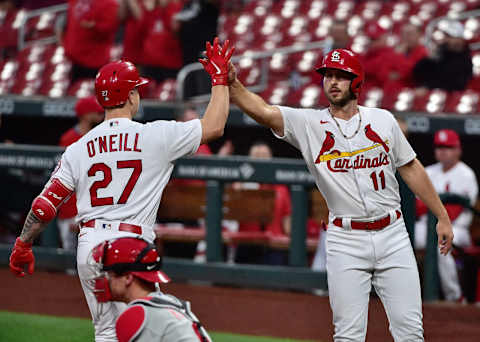 Apr 28, 2021; St. Louis, Missouri, USA; St. Louis Cardinals left fielder Tyler O’Neill (27) is congratulated by shortstop Paul DeJong (11) after hitting a two run home run during the second inning against the Philadelphia Phillies at Busch Stadium. Mandatory Credit: Jeff Curry-USA TODAY Sports