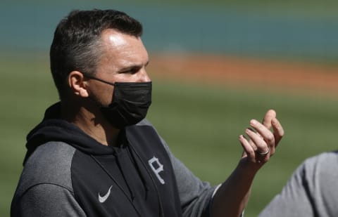 May 1, 2021; Pittsburgh, Pennsylvania, USA; Pittsburgh Pirates general manager Ben Cherington talks on the field before the game against the St. Louis Cardinals at PNC Park. Mandatory Credit: Charles LeClaire-USA TODAY Sports