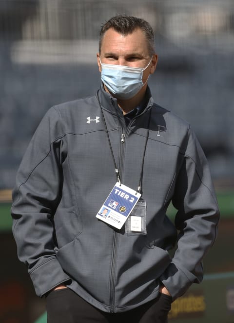 May 11, 2021; Pittsburgh, Pennsylvania, USA; Pittsburgh Pirates general manager Ben Cherington observes batting practice before the Pirates host the Cincinnati Reds at PNC Park. Mandatory Credit: Charles LeClaire-USA TODAY Sports