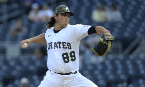 May 14, 2021; Pittsburgh, Pennsylvania, USA; Pittsburgh Pirates starting pitcher Miguel Yajure (89) delivers a pitch against the San Francisco Giants during the first inning at PNC Park. Mandatory Credit: Charles LeClaire-USA TODAY Sports