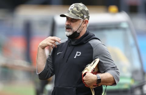 May 26, 2021; Pittsburgh, Pennsylvania, USA; Pittsburgh Pirates manager Derek Shelton (17) gestures on the field before the game against the Chicago Cubs at PNC Park. Mandatory Credit: Charles LeClaire-USA TODAY Sports