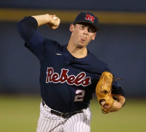 Ole Miss pitcher Derek Diamond (2) delivers a pitch to the plate as he pitches against Vanderbilt during the SEC Tournament Tuesday, May 26, 2021, in the Hoover Met in Hoover, Alabama. [Staff Photo/Gary Cosby Jr.]Sec Tournament Vanderbilt Vs Ole Miss