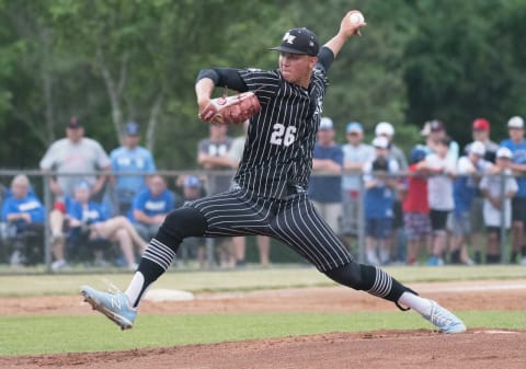 Bishop Eustace/s Anthony Solometo delivers a pitch during the Diamond Classic final between Bishop Eustace and Williamstown. played in Alcyon Park in Pitman on Wednesday, May 26, 2021. Bishop Eustace defeated Williamstown, 8-1.High School Baseball Diamond Classic Final 4