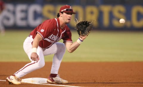 Arkansas infielder Cayden Wallace (7) takes a throw and tags out Vanderbilt base runner Enrique Bradfield Jr. (51) who was attempting to steal third during the SEC Tournament Thursday, May 27, 2021, in the Hoover Met in Hoover, Alabama. [Staff Photo/Gary Cosby Jr.]Sec Tournament Vanderbilt Vs Arkansas