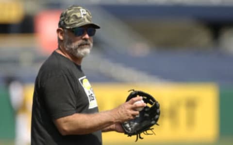 Jul 6, 2021; Pittsburgh, Pennsylvania, USA; Pittsburgh Pirates manager Derek Shelton (17) observes batting practice before the game against the Atlanta Braves at PNC Park. Mandatory Credit: Charles LeClaire-USA TODAY Sports