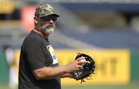 Jul 6, 2021; Pittsburgh, Pennsylvania, USA; Pittsburgh Pirates manager Derek Shelton (17) observes batting practice before the game against the Atlanta Braves at PNC Park. Mandatory Credit: Charles LeClaire-USA TODAY Sports