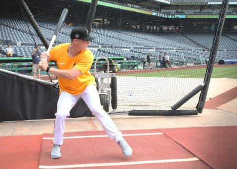 Jul 18, 2021; Pittsburgh, Pennsylvania, USA; Pittsburgh Pirates catcher Henry Davis who was selected number one overall in the 2021 MLB first year player draft by the Pirates participates in bating practice before the Pirates play the New York Mets at PNC Park. Mandatory Credit: Charles LeClaire-USA TODAY Sports