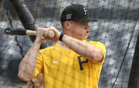 Jul 18, 2021; Pittsburgh, Pennsylvania, USA; Pittsburgh Pirates catcher Henry Davis who was selected number one overall in the 2021 MLB first year player draft by the Pirates takes a turn in the batting cage before the Pirates play the New York Mets at PNC Park. Mandatory Credit: Charles LeClaire-USA TODAY Sports