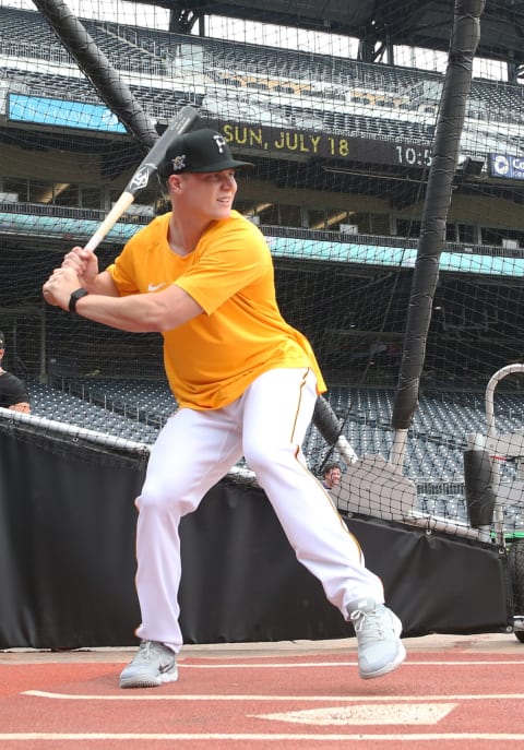 Jul 18, 2021; Pittsburgh, Pennsylvania, USA; Pittsburgh Pirates catcher Henry Davis who was selected number one overall in the 2021 MLB first year player draft by the Pirates participates in bating practice before the Pirates play the New York Mets at PNC Park. Mandatory Credit: Charles LeClaire-USA TODAY Sports