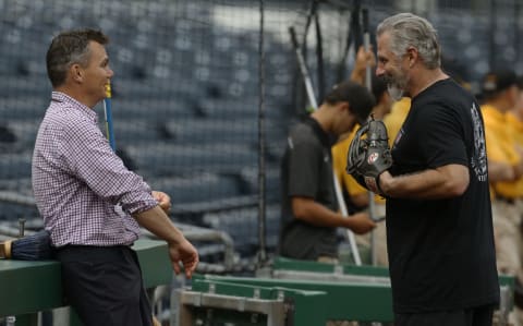 Aug 11, 2021; Pittsburgh, Pennsylvania, USA; Pittsburgh Pirates general manager Ben Cherington (left) talks with manager Derek Shelton (right) during batting practice before the game against the St. Louis Cardinals at PNC Park. Mandatory Credit: Charles LeClaire-USA TODAY Sports