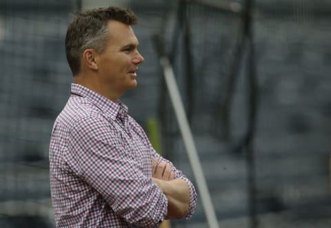 Aug 11, 2021; Pittsburgh, Pennsylvania, USA; Pittsburgh Pirates general manager Ben Cherington looks on during batting practice before the game against the St. Louis Cardinals at PNC Park. Mandatory Credit: Charles LeClaire-USA TODAY Sports