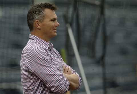 Aug 11, 2021; Pittsburgh, Pennsylvania, USA; Pittsburgh Pirates general manager Ben Cherington looks on during batting practice before the game against the St. Louis Cardinals at PNC Park. Mandatory Credit: Charles LeClaire-USA TODAY Sports