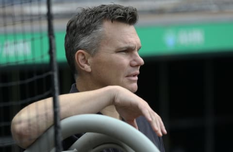 Aug 25, 2021; Pittsburgh, Pennsylvania, USA; Pittsburgh Pirates general manager Ben Cherington looks on during batting practice before the game against the Arizona Diamondbacks at PNC Park. Mandatory Credit: Charles LeClaire-USA TODAY Sports