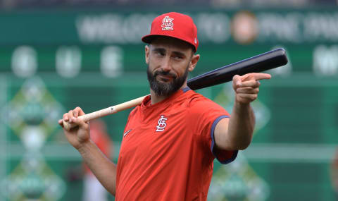 Aug 26, 2021; Pittsburgh, Pennsylvania, USA; St. Louis Cardinals infielder Matt Carpenter (13) gestures at the batting cage before the game against the Pittsburgh Pirates at PNC Park. Mandatory Credit: Charles LeClaire-USA TODAY Sports