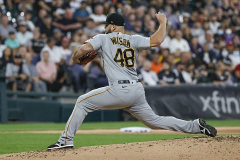 Aug 31, 2021; Chicago, Illinois, USA; Pittsburgh Pirates starting pitcher Bryse Wilson (48) delivers against the Chicago White Sox during the first inning at Guaranteed Rate Field. Mandatory Credit: Kamil Krzaczynski-USA TODAY Sports