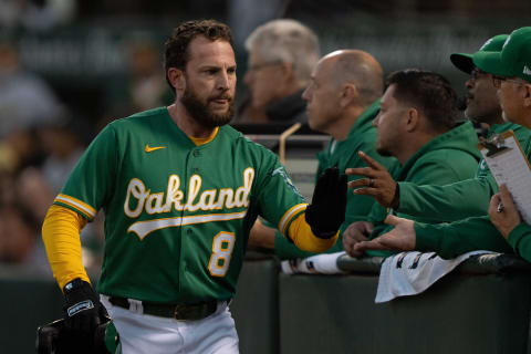 Sep 10, 2021; Oakland, California, USA; Oakland Athletics second baseman Jed Lowrie (8) celebrates with teammates during the second inning against the Texas Rangers at RingCentral Coliseum. Mandatory Credit: Stan Szeto-USA TODAY Sports