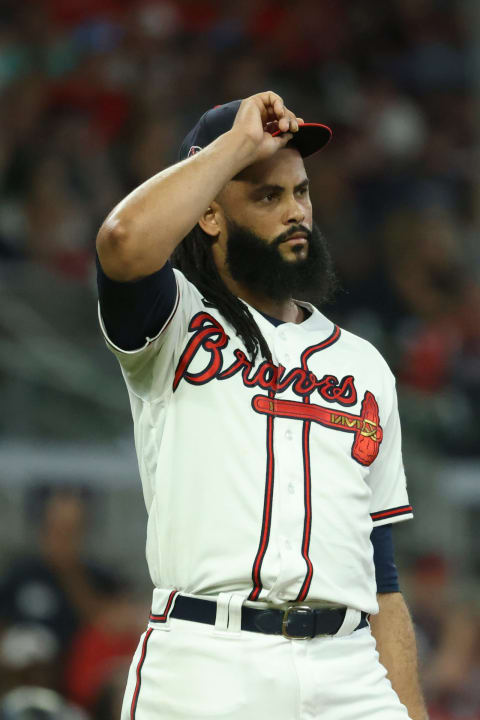 Sep 11, 2021; Atlanta, Georgia, USA; Atlanta Braves relief pitcher Richard Rodriguez (48) reacts after giving up a solo home run to Miami Marlins outfielder Jesus Sanchez (not pictured) during the eighth inning at Truist Park. Mandatory Credit: Jason Getz-USA TODAY Sports