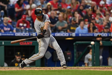 Sep 25, 2021; Philadelphia, Pennsylvania, USA; Pittsburgh Pirates catcher Taylor Davis (2) hits a single to center field during the ninth inning of the game against the Philadelphia Phillies at Citizens Bank Park. The Phillies won 3-0. Mandatory Credit: John Geliebter-USA TODAY Sports