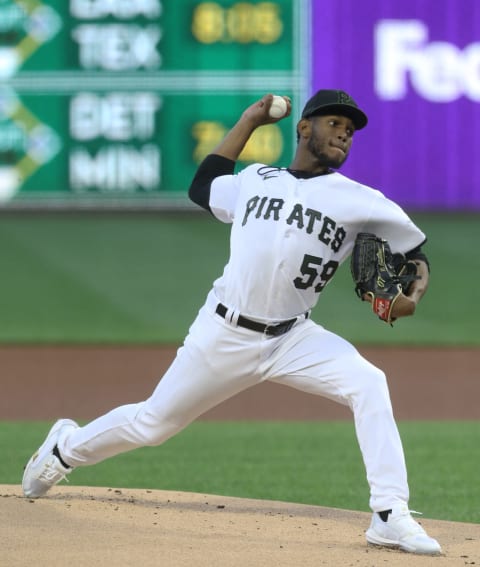 Sep 29, 2021; Pittsburgh, Pennsylvania, USA; Pittsburgh Pirates starting pitcher Roansy Contreras (59) delivers a pitch in his major league debut against the Chicago Cubs during the first inning at PNC Park. Mandatory Credit: Charles LeClaire-USA TODAY Sports