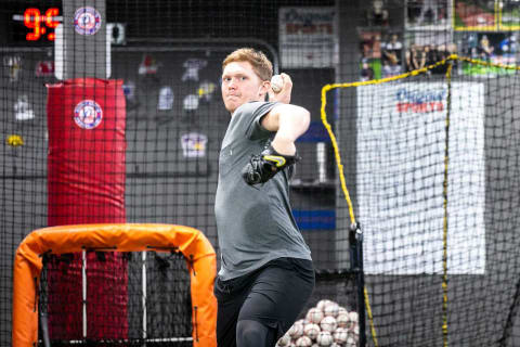 Mitch Keller throws a ball while working out, Tuesday, Feb. 1, 2022, at Dugout Sports in Fairfax, Iowa.220201 Mitch Keller 001 Jpg