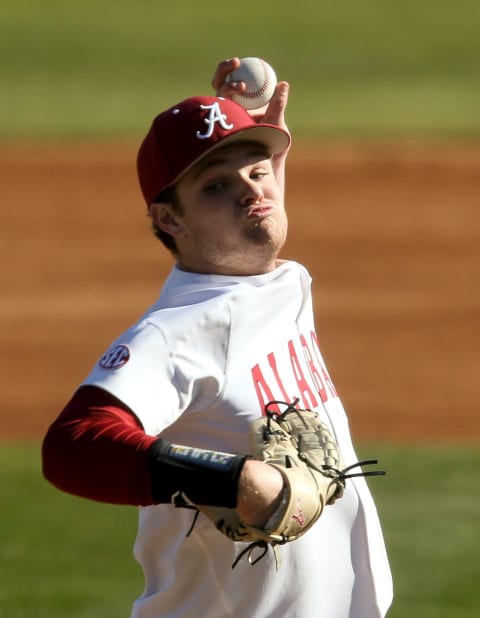 Alabama starting pitcher Connor Prielipp delivers the ball to the plate as the Crimson Tide opened the season against McNeese Friday, Feb. 19, 2021, in Sewell-Thomas Stadium. [Staff Photo/Gary Cosby Jr.]Alabama Vs Mcneese