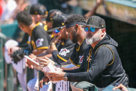 Mar 18, 2022; Bradenton, Florida, USA; Pittsburgh Pirates manager Derek shelton (17) looks on in the fourth inning against the New York Yankees during spring training at LECOM Park. Mandatory Credit: Nathan Ray Seebeck-USA TODAY Sports