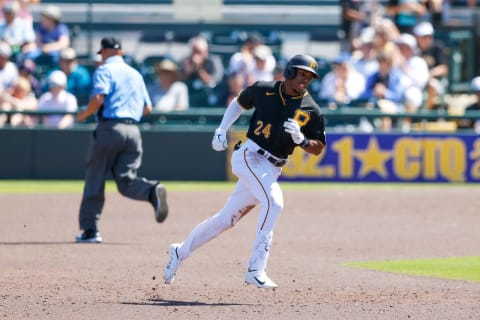 Mar 18, 2022; Bradenton, Florida, USA; Pittsburgh Pirates left fielder Greg Allen (24) rounds second after hitting a two run home run against the New York Yankees in the fifth inning during spring training at LECOM Park. Mandatory Credit: Nathan Ray Seebeck-USA TODAY Sports