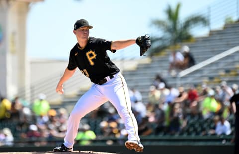 Mar 29, 2022; Bradenton, Florida, USA; Pittsburg Pirates pitcher Mitch Keller (23) throws a pitch in the first inning against the Boston Red Sox during spring training at LECOM Park. Mandatory Credit: Jonathan Dyer-USA TODAY Sports