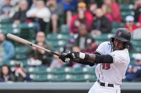 Indianapolis Triple-A short-stop Oneil Cruz (15) swings at the ball during the game agains the Omaha Storm Chasers on Tuesday, April 5, 2022, at Victory Field in Indianapolis.Baseball 220405 Indianapolis Triple A Baseball Team Opener Omaha Storm Chasers At Indianapolis Triple A Baseball Team