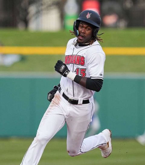 Indianapolis Triple-A short-stop Oneil Cruz (15) rushes towards third base during the game against the Omaha Storm Chasers on Tuesday, April 5, 2022, at Victory Field in Indianapolis.Baseball 220405 Indianapolis Triple A Baseball Team Opener Omaha Storm Chasers At Indianapolis Triple A Baseball Team