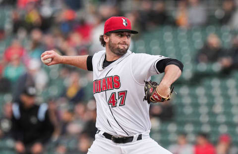 Indianapolis Triple-A baseball team pitcher Cody Bolton throws the ball during the game against the Omaha Storm Chasers on Tuesday, April 5, 2022, at Victory Field in Indianapolis.Baseball 220405 Indianapolis Triple A Baseball Team Opener Omaha Storm Chasers At Indianapolis Triple A Baseball Team