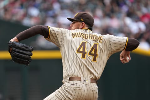 Apr 9, 2022; Phoenix, Arizona, USA; San Diego Padres starting pitcher Joe Musgrove (44) pitches against the Arizona Diamondbacks during the first inning at Chase Field. Mandatory Credit: Joe Camporeale-USA TODAY Sports