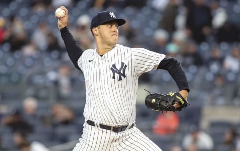 Apr 11, 2022; Bronx, New York, USA; New York Yankees starting pitcher Jameson Taillon (50) throws a pitch in the first inning against the Toronto Blue Jays at Yankee Stadium. Mandatory Credit: Wendell Cruz-USA TODAY Sports