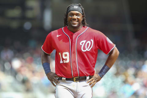 Apr 13, 2022; Atlanta, Georgia, USA; Washington Nationals first baseman Josh Bell (19) shows emotion against the Atlanta Braves in the eighth inning at Truist Park. Mandatory Credit: Brett Davis-USA TODAY Sports