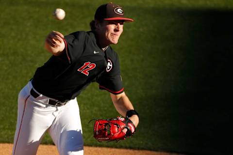 Georgia pitcher Jonathan Cannon (12) throws out a pitch during an NCAA baseball game between Florida and Georgia in Athens, Ga., on Apr. 1, 2022. Georgia won 6-1.News Joshua L Jones