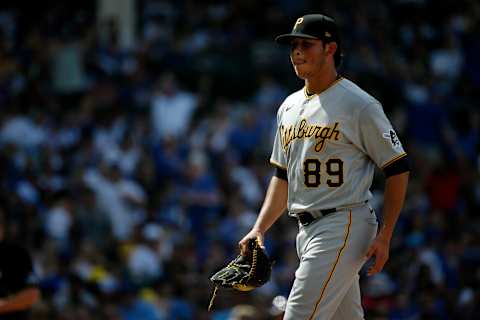 Apr 23, 2022; Chicago, Illinois, USA; Pittsburgh Pirates relief pitcher Miguel Yajure (89) reacts after being taken out of the game during the fifth inning against the Chicago Cubs at Wrigley Field. Mandatory Credit: Jon Durr-USA TODAY Sports