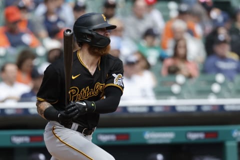 May 4, 2022; Detroit, Michigan, USA; Pittsburgh Pirates left fielder Ben Gamel (18) hits a two RBI triple in the fifth inning against the Detroit Tigers at Comerica Park. Mandatory Credit: Rick Osentoski-USA TODAY Sports