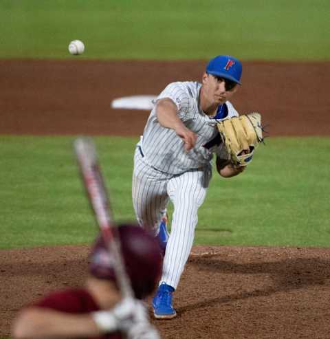 May 24, 2022; Hoover, AL, USA; Florida starting pitcher Brandon Sproat delivers the ball to the plate as South Carolina faced Florida in game two of the SEC Tournament at Hoover Met. Mandatory Credit: Gary Cosby Jr.-The Tuscaloosa NewsNcaa Baseball Sec Baseball Tournament South Carolina Gamecocks Florida Gators