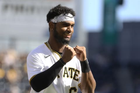 Jun 18, 2022; Pittsburgh, Pennsylvania, USA; Pittsburgh Pirates shortstop Liover Peguero (60) reacts after hitting a single for his first major league hit against the San Francisco Giants during the fourth inning at PNC Park. Mandatory Credit: Charles LeClaire-USA TODAY Sports