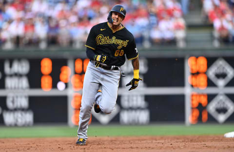 Aug 27, 2022; Philadelphia, Pennsylvania, USA; Pittsburgh Pirates first baseman Bligh Madris (66) advances to third against the Philadelphia Phillies in the second inning at Citizens Bank Park. Mandatory Credit: Kyle Ross-USA TODAY Sports