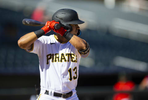 Oct 26, 2022; Surprise, Arizona, USA; Pittsburgh Pirates infielder Nick Gonzales plays for the Surprise Saguaros during an Arizona Fall League baseball game at Surprise Stadium. Mandatory Credit: Mark J. Rebilas-USA TODAY Sports